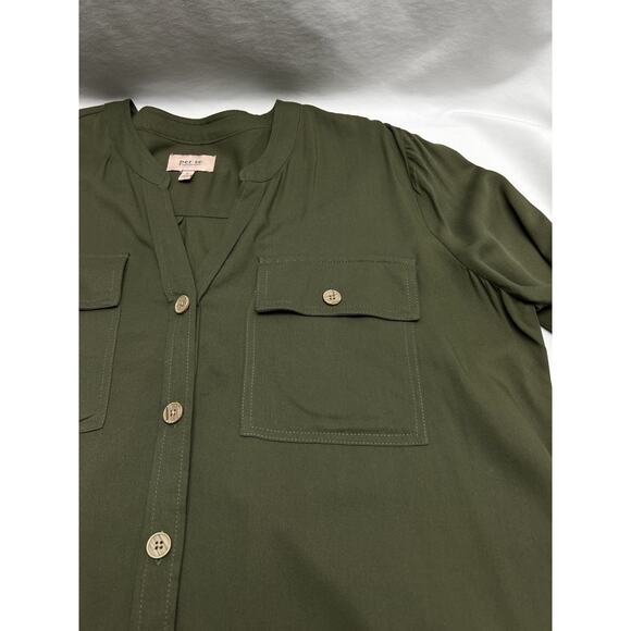 Per se by Carlisle Button Front V Neck Blouse Women's Size Large Olive Green - Picture 2 of 7